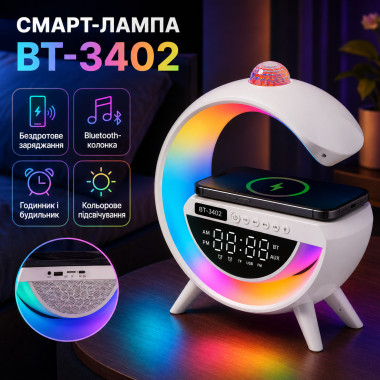 Настольная RGB-лампа с колонкой, дисколазером и беспроводной зарядкой BT 3402, белая (BT3402-AV)