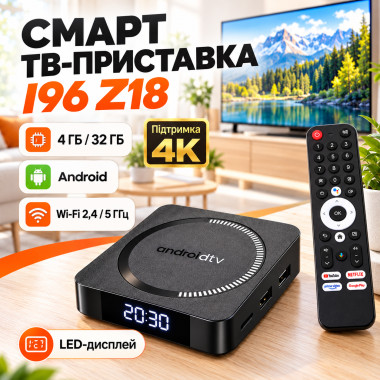 Смарт ТВ-приставка I96 Z18 Android TV, 4/32 ГБ, Wi-Fi 2.4/5 ГГц, 4K, черный (I96Z18-AV)