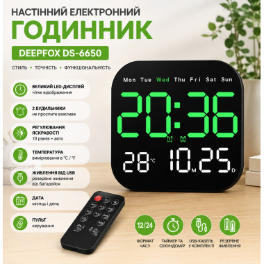 Настенные часы Deepfox DS-6650 с пультом, LED-подсветкой, будильником, датой и термометром, 18,5×18,5 см (6650-AV)