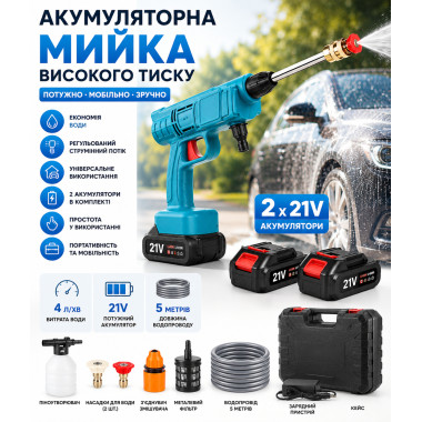 Аккумуляторная автомобильная мойка высокого давления + 2 аккумулятора 21V, синяя (4845-AV)