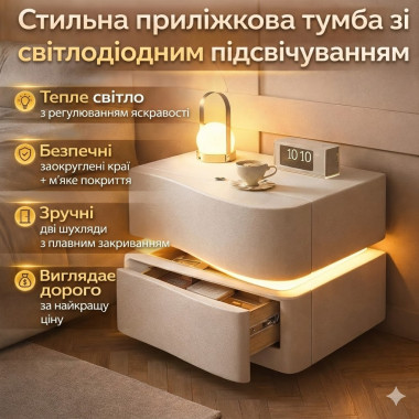 Прикроватная тумба из экокожи с LED-подсветкой и двумя выдвижными ящиками, светлая (MBXFO1-AV)