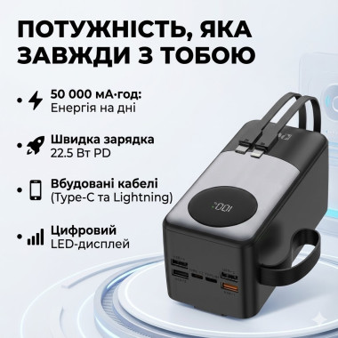 Внешний аккумулятор KPG KPG-502X 50000 мА·ч 22.5 Вт с LCD-дисплеем и встроенными кабелями (KPG502X-AV)