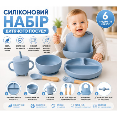Набор детской силиконовой посуды 26X-34, 6 предметов, голубой (26X34-AV)