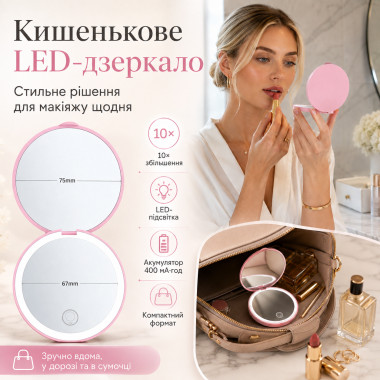 Косметическое зеркало с LED-подсветкой от USB, розовое (X191-AV)