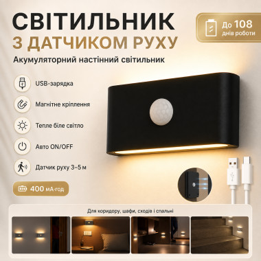 Настенный светильник с датчиком движения, от USB, 9,8×5,5 см, черный (HA182-AV)