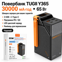 Повербанк TUGII Y365 30000 mAh 65W черный с 2 USB, 2 Type-C и ремешком для телефона и ноутбука Повербанк TUGII Y365 30000 mAh 65W черный с 2 USB, 2 Type-C и ремешком для телефона и ноутбука