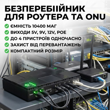 Источник бесперебойного питания DC UPS для роутера, ONU, камер – 5V/9V/12V, многофункциональный портативный UPS с USB и кабелями (ONU5912-AV)
