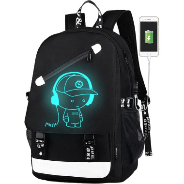 Водонепроницаемый рюкзак Music с USB, светящийся в темноте 46×30×15 см, черный (HM22334-AV)