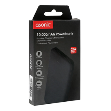 Портативная зарядка Asonic 10000 mAh AS-P10i Pro супер тонкий повербанк Micro-USB вход и двойной USB 2A выход Черный