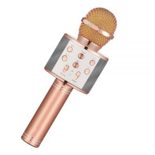Детский беспроводной аккумуляторный караоке микрофон Wster со стерео колонкой Bluetooth и светодиодной подсветкой динамиков Розовое золото (WS-1688)