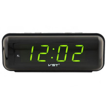 Электронные часы VST цифровые настольные от сети и батареек с зелёными цифрами будильник 15см Чёрные (VST-738)