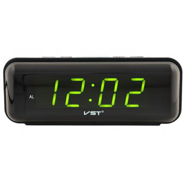 Электронные часы VST цифровые настольные от сети и батареек с зелёными цифрами будильник 15см Чёрные (VST-738)