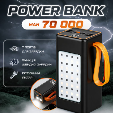 Мощный Power Bank 70000 мАч с быстрой зарядкой PD 20W, кемпинговой LED-лампой и цифровым дисплеем (NXP51-AV)