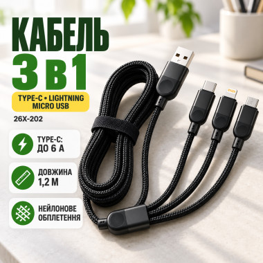 Кабель 3 в 1 26X-202 для зарядки USB с разъёмами Type-C, Lightning и Micro USB, быстрая зарядка до 6A (26X202-AV)