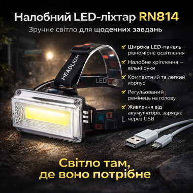 Налобный фонарь RN814 с USB-зарядкой — аккумуляторный фонарик на голову с регулируемым углом наклона (RN814-AV)