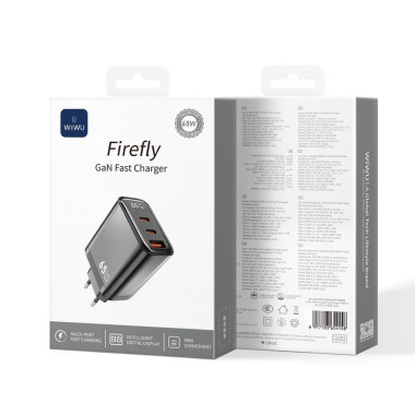 Зарядний блок живлення 2xType-C+USB WiWU Wi-G012 Firefly GaN 65 W 5 V 3 A сірий (RZN-23106532)