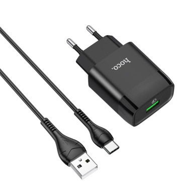 Зарядний пристрій з кабелем USB/Type-C 1 м HOCO C72Q Glorious 18 W чорний (RZN-23101790)