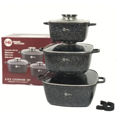 Набір каструль антипригарне покриття 8 предметів Higher Kitchen HK-302 зі скляними кришками чорний (RZN-23098149)