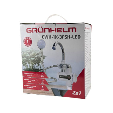 Електронагрівач проточний з душем LED дисплей Grunhelm EWH-1X-3FSH нижнє підведення вертикальний 3000 Вт білий (RZN-23102207)