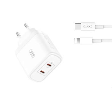МЗП XO CE08 (EU) PD50W(2USB-C) Fast Charger CE with Lightning cable білий new (RZN-23105360)