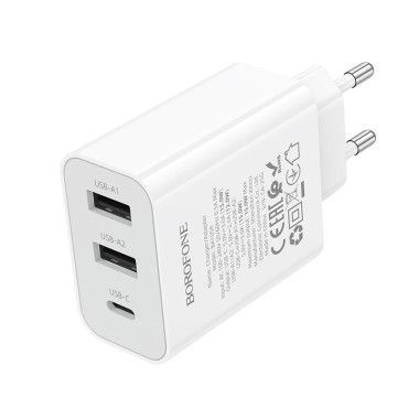Зарядний блок живлення 2xUSB+Type-C BOROFONE BA105A Stellar 15 W 5 V 3 A білий (RZN-23106536)