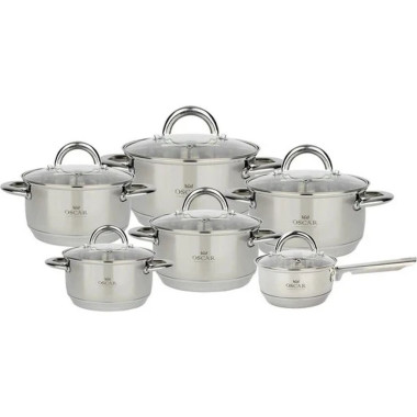 Набір каструль нержавіюча сталь 12 предметів Oscar OSR-4002 Verona зі скляними кришками сріблястий (RZN-23105563)