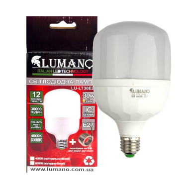 Лампа світлодіодна LED Lumano T100 E27 30W 6000K 2700Lm LT30E27 з перехідником Е40 холодний білий (RZN-23097972)