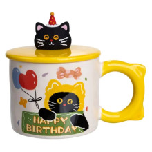 Чашка фарфоровая с крышкой Kitten's Birthday 400 (мл) подарочная кружка прикольная чашка для детей на подарок Желтый FM-24B (LG-FM-24B)