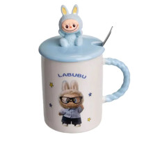 Чашка фарфоровая с крышкой и ложкой Labubu 300 (мл) подарочная кружка прикольная чашка для детей на подарок Голубой FM-35B (LG-FM-35B)