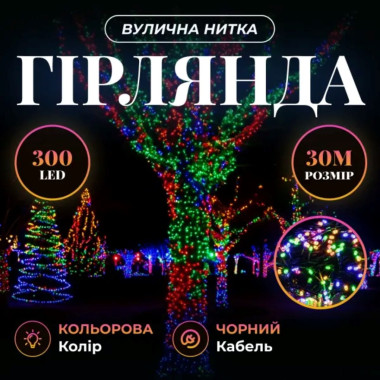Гірлянда Нитка вулична 30 (м) 300 LED чорний провід Мультиколір CF300L30MBML (LG-CF300L30MBML)