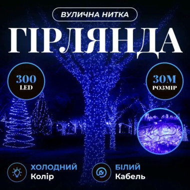 Гірлянда Нитка вулична 30 м 300 LED білий провід Синій CF300L30MWBL (LG-CF300L30MWBL)