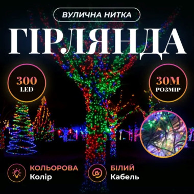 Гірлянда Нитка вулична 30 м 300 LED білий провід Мультиколір CF300L30MWML (LG-CF300L30MWML)