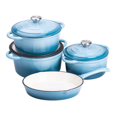 Набір чавунного посуду для приготування 3 каструлі та сковорода з емальованим покриттям Блакитний HP-1-7 (LG-HP-1-7)
