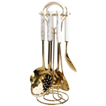 Набор кухонных принадлежностей 7 предметов на подставке столовые приборы из нержавейки Золото с белым HP-20-7