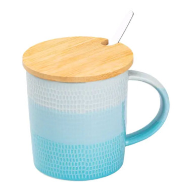 Чашка з бамбуковою кришкою та ложкою порцелянова 350 мл Блакитний HP7201LB (LG-2183918461)