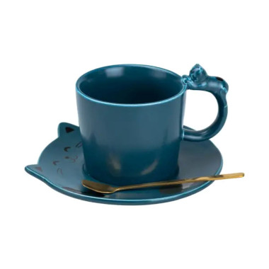Чашка з блюдцем та ложкою порцелянова 250 мл Кошеня Синя HP7202BL (LG-2183918467)