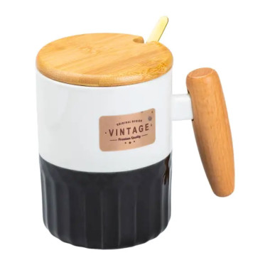 Чашка порцелянова з бамбуковою кришкою та ручкою 400 мл Чорна HP7204B (LG-2183918475)