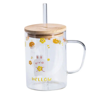 Чашка скляна з дерев'яною кришкою та трубочкою HP7214C (LG-2152932559)