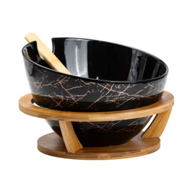 Салатниця на бамбуковій підставці з ложкою Ø 25 см чорна HP1245 (LG-HP1245)
