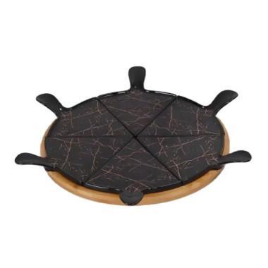 Тарілка для піци 28 см порцелянова з бамбуковою підставкою, що обертається, секційна чорна HP1247 (LG-HP1247)