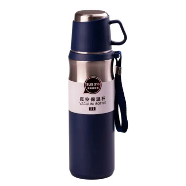 Термос з чашкою та ремінцем 600 мл з металевою колбою Синій HPGM80155BL (LG-2031814170)