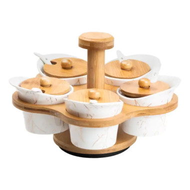 Набір для сипучих продуктів 5 банок по 120 на бамбуковій підставці білий HP1225 (LG-HP1225)