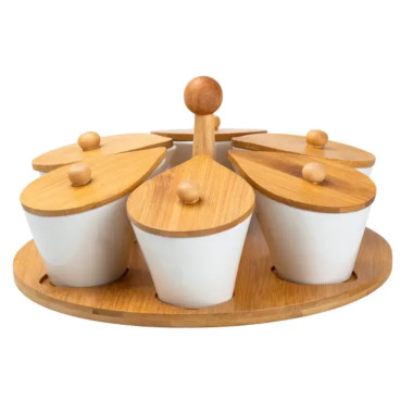 Набір порцелянових баночок для сипучих продуктів 6 штук по 100 мл на бамбуковій підставці HP258 (LG-2183918388)