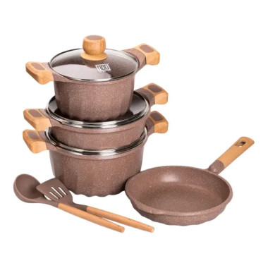 Набір посуду, 3 каструлі, товстодонне алюмінієве дно MGC з лопаткою та ополоником, кавовий HP-4-401CO (LG-2358506262)