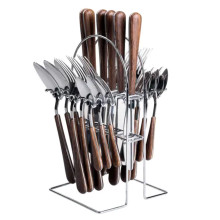 Набор столовых приборов на 6 персон с деревянными ручками на подставке столовые приборы 24 шт Серебро HP-20-1