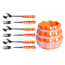 Набор десертных вилок и ложек на 3 персоны с подставкой из фарфора 7 предметов Оранжевый HP-20-60