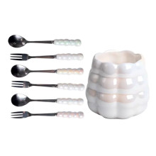 Набор вилок и ложек десертных на 3 персоны с подставкой из фарфора 7 предметов Перламутровый HP-20-62