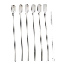 Набор многоразовых ложек-трубочек 6 шт для напитков 22  см с щеткой для мытья из нержавеющей стали Серый HP-20-19