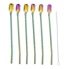 Набор многоразовых ложек-трубочек 6 шт для напитков 22 см с щеткой для мытья из нержавеющей стали Хамелеон HP-20-21