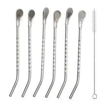 Набор многоразовых ложек-трубочек 6 шт для напитков 19.5 см с щеткой для мытья из нержавеющей стали Серый HP-20-54